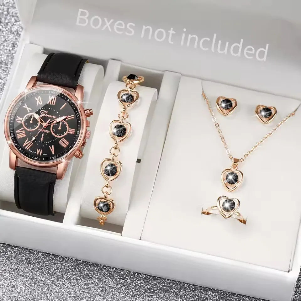 Fashion Women's Quartz Watch Leather Band Analog Wrist Watches Heart Rhinestone Jewelry Set(With Exquisite Gift Box)
