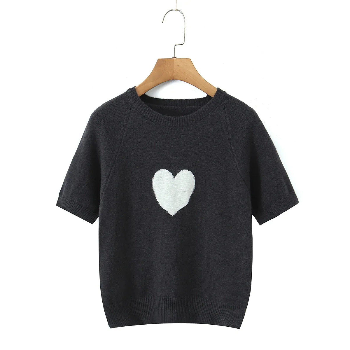 Fashion Casual Heart-patterned Short-sleeve Knit Shirt Women Heart Pattern Short Sleeve Knit Sweater Casual Crew Neck Top 7S5S