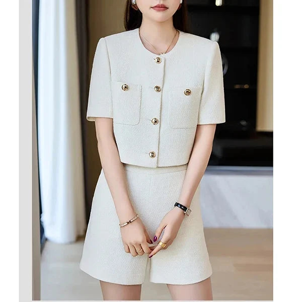 Luxury Blazer White Small Fragrance Short Sleeve Jacket Women's Summer Loose Thin Versatile Top Shorts Professional Black Suits