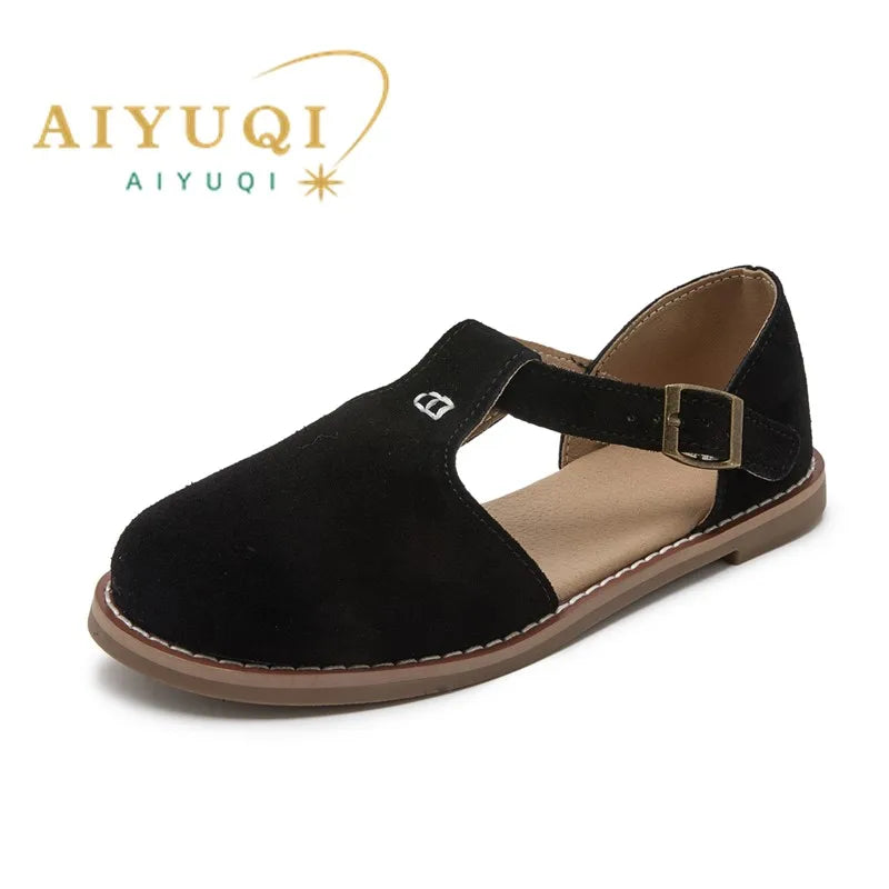 AIYUQI Flat-Soled Retro Frosted Genuine Leather Women's Sandals 2026 New Hollow Women's Shoes Roman Baotou Sandals for Women
