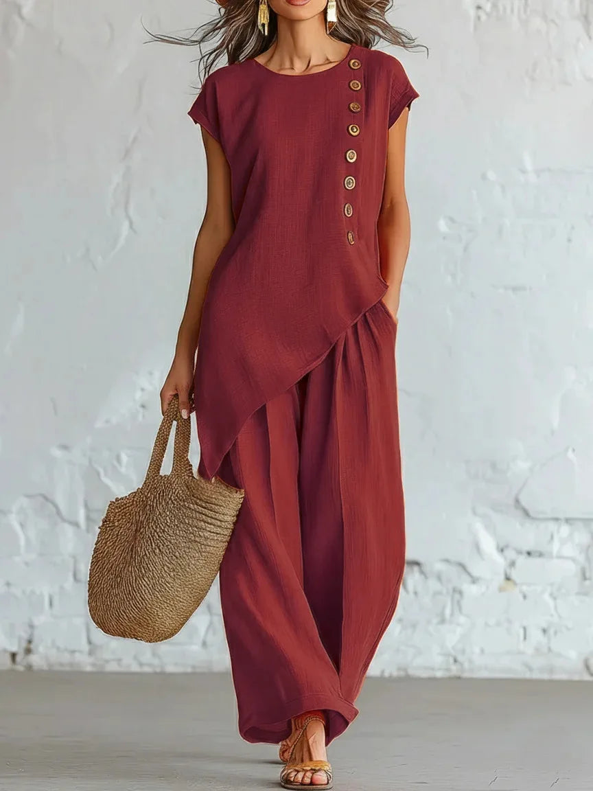 2026 Women 2 Piece Set Elastic Waist Pocket Button Decorate Wide Leg Pants+Solid Blouse Suit Casual Top Trousers Lady Outfits