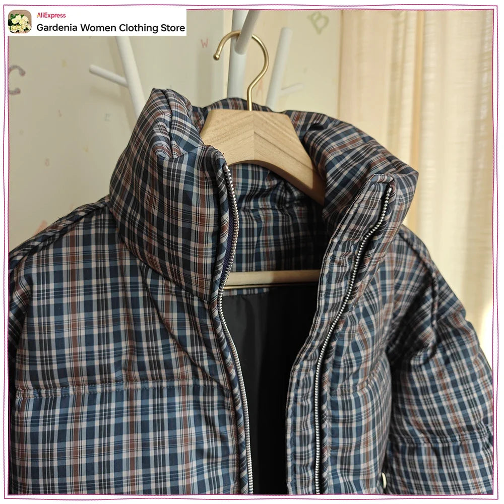Stylish Plaid Puffer Anorak for Women Winter Brown Padded Jackets High Neck and Long Sleeves Zipper Outwears with Adjustable Hem