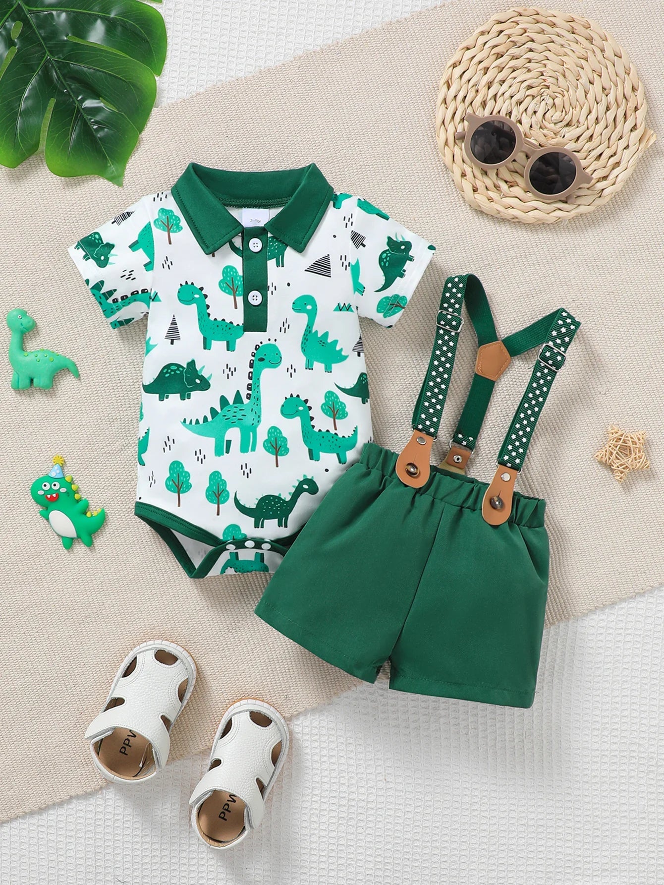Baby Boy Summer Outfit 2-Piece Set Cartoon Dinosaur Print Polo Short Sleeve Romper with Fashionable Cute Overalls