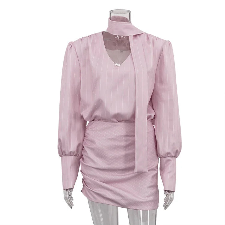 New Autumn Printed Striped Suit For Women, Featuring V-Neck Long-Sleeve Top With Scarf And A Pleated Design Hip-Hugging Skirt