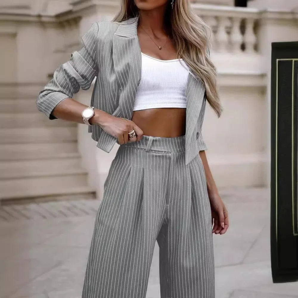 2026 Of Design Arrivals Spring Summer Women Clothing Temperament Leisure Striped Short Style Lapel Suit Straight-Leg Pants Suit