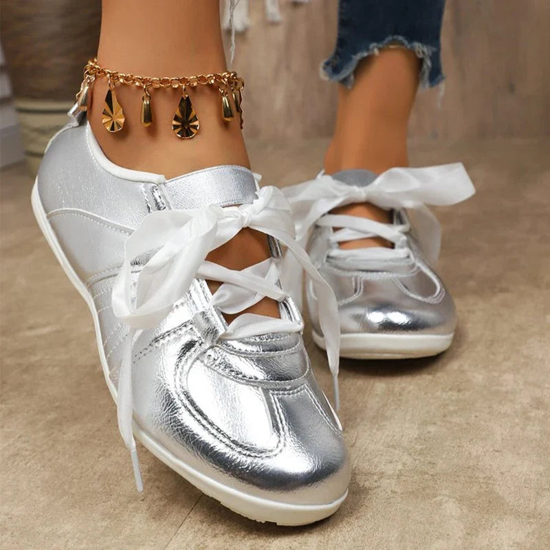 Sweet Ribbon Bowknot Ballet Flats for Women Plus Size 43 Gold Silver Platform Sneakers Woman Comfortable Soft Bottom Flat Shoes