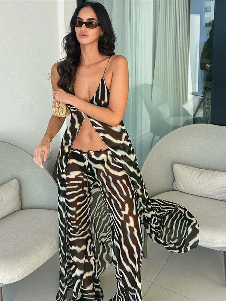 Women's Zebra Print Sheer Chiffon 2 Piece Set V-Neck Slip Tank Top Wide Leg Pants Casual Vacation Chic Outfits