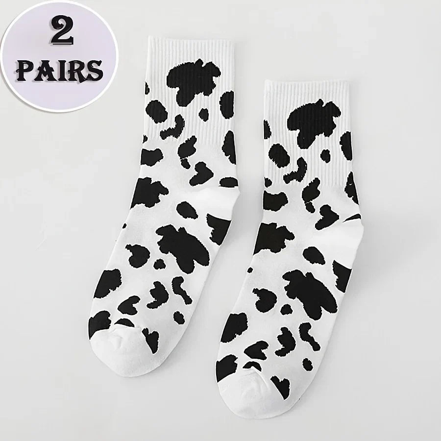 2 Pairs Cow Print Socks–Trendy Black&White Contrast Design,Soft&Skin-Friendly Unisex Crew Socks for Streetwear&Daily Outfits