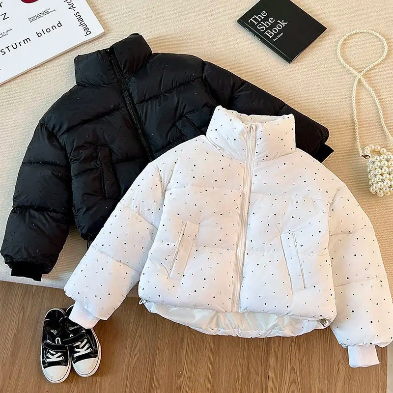 2025 Winter Girls Rhinestone Puffer Jacket Korean Star-Studded Fashion Coat Glitter Zip-Up Quilted Down Jacket