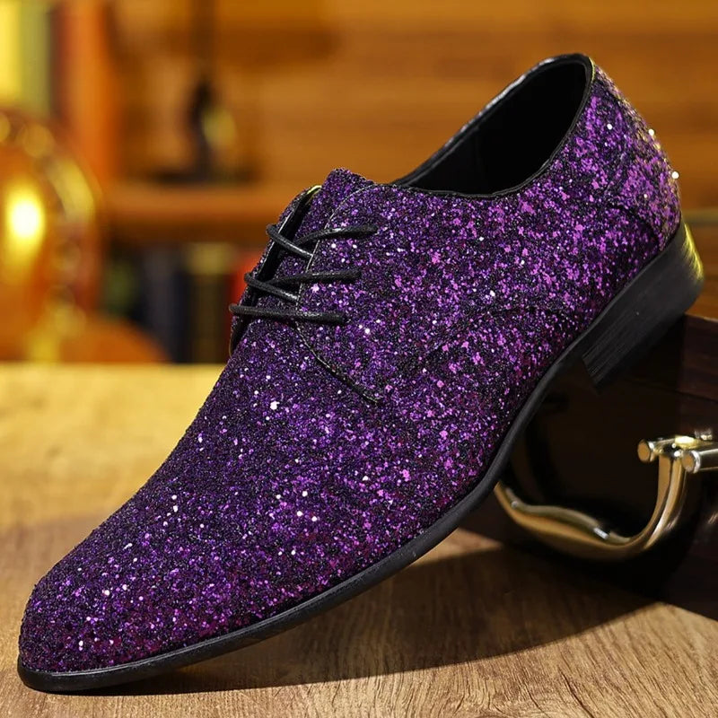 Luxury Men Dress Shoes Gold Silver Sequin Wedding Shoes High Quality Lace-Up  Oxford Shoes Fashion Designer Men Flats Large Size