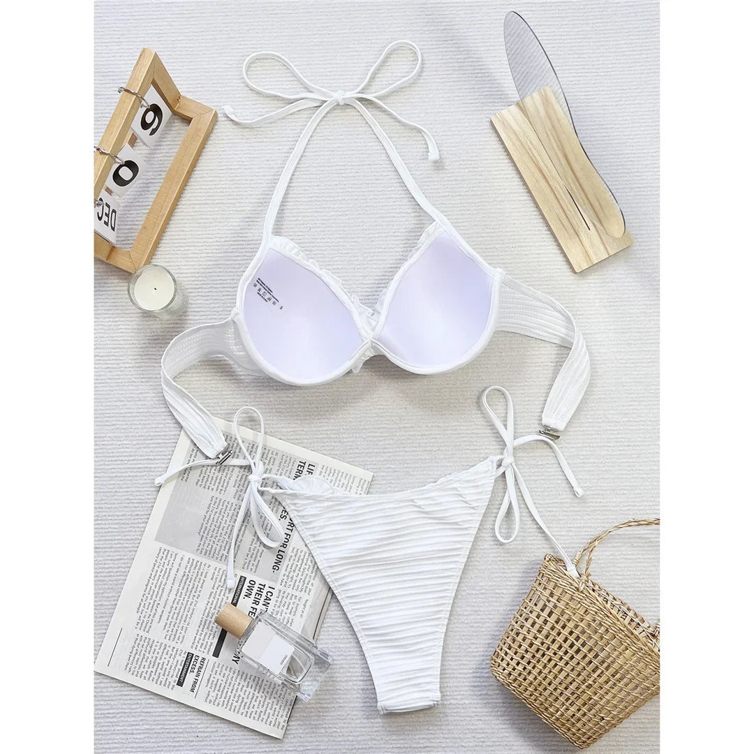New Halter Frilled Underwired Bra Cup Bikini Women Swimwear Female Swimsuit Two-pieces Bikini set Bather Bathing Suit Swim K5837