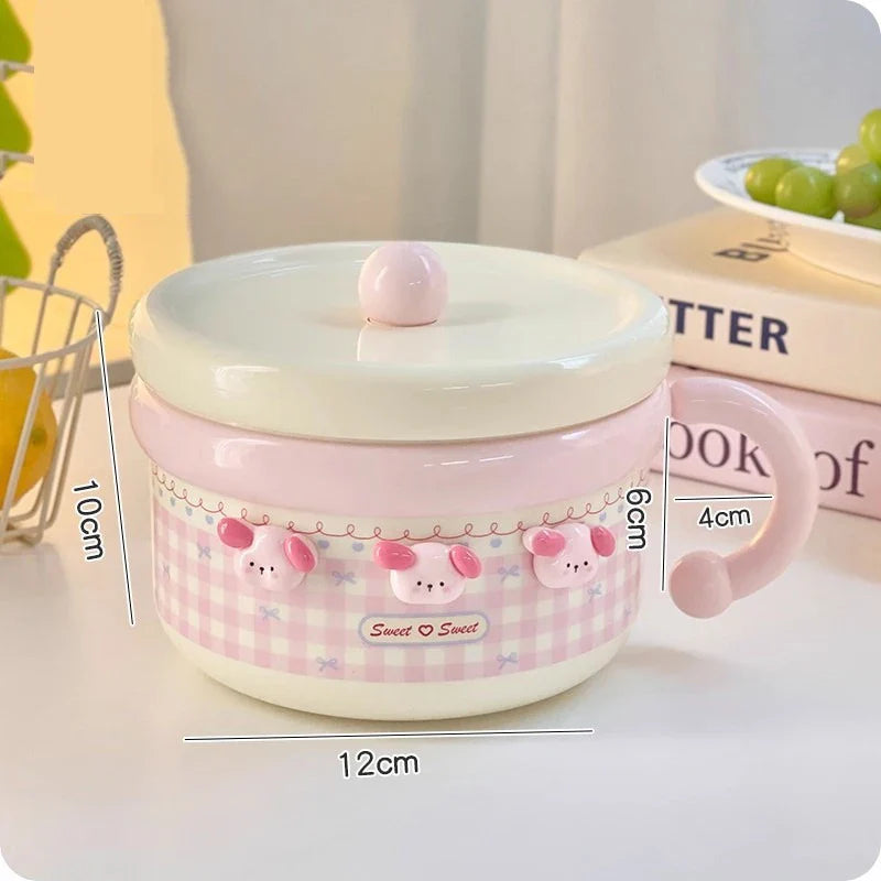 Tazón de ramen Kawaii pastel a cuadros con tapa