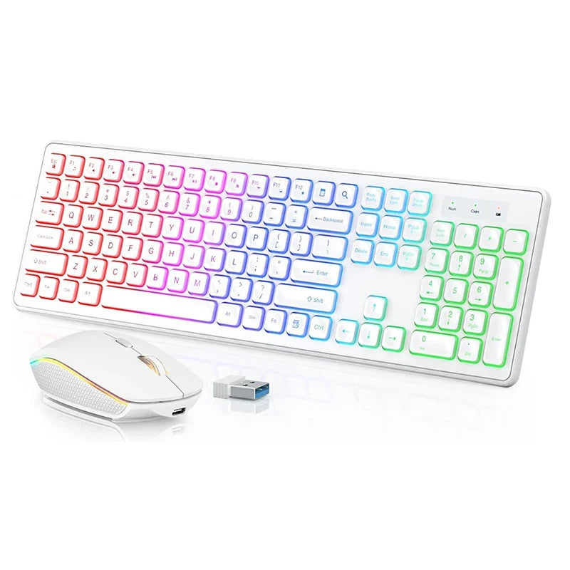 USB Wireless Keyboard and Mouse Set RGB Backlit Rechargeable Light Up Letters Full-Size Wireless Keyboard for Computer