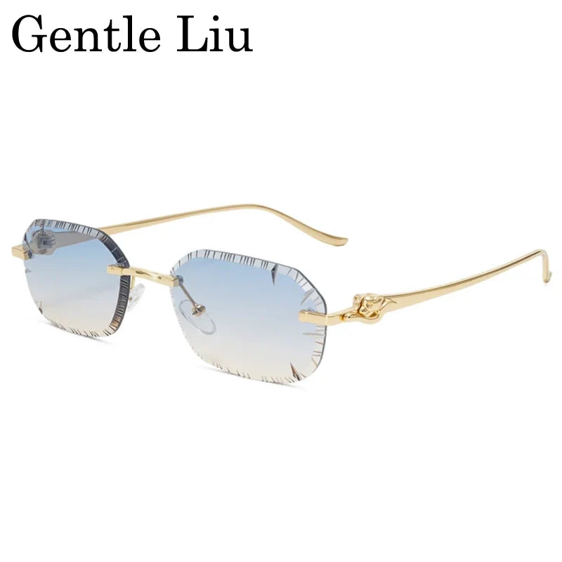 Small Rectangle Punk Rimless Sunglasses Men 2026 Luxury Designer Leopard Head Frameless Cut Edge Shades Retro Gold Metal Eyewear
