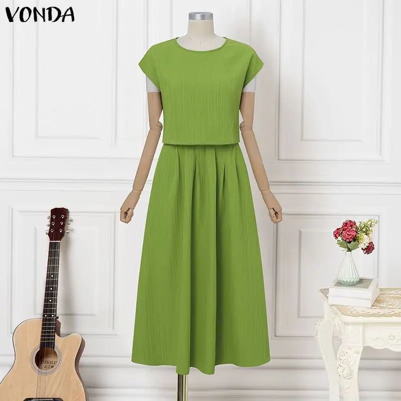 VONDA Women Plus Size Sets Elegant 2PCS Solid Color Two-piece Outfits Short Sleeve Summer Tops Long Skirts Streetwear Dress Sets