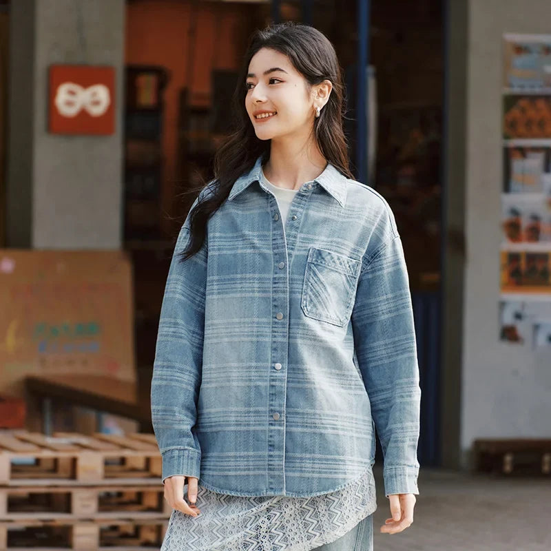 Semir Denim Shirt Women Oversize Spring 2025 New Spring Checkered Blouse Plaid Jacket