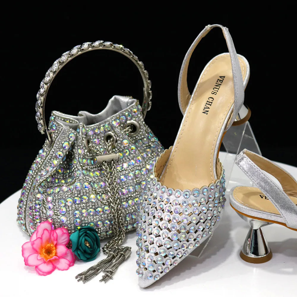 Nuevo conjunto de zapatos y bolso de diseño de diamantes