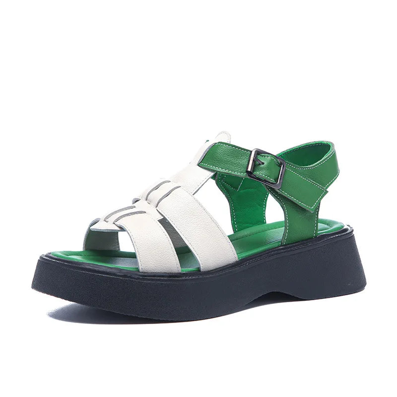 GKTINOO Summer Mixed Color Genuine Leather Sandals Roman Shoes Platform Wedges Woven Thick Soled Sandals Women Shoes Large Size