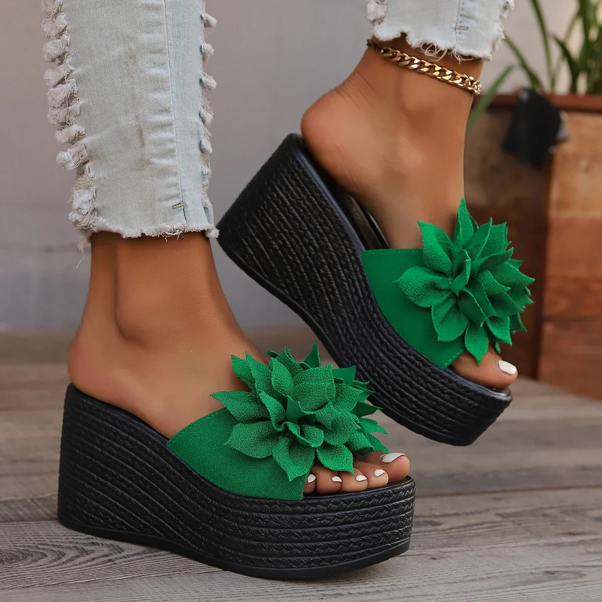 Women Platform Slippers 2024 New Summer Beach Wedges Sandals Fashion Flower Casual Slippers Women High Heel Slippers Women