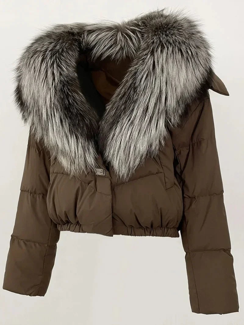 Down Jacket Women Short Puffer Jacket Thick New Big Natural Real Fox Fur Coat  Autumn Winter Female White Duck Down Coat Feather