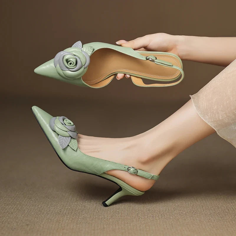 Elegant Woman Sandals High Heel Genuine Leather Pointed Toe Footwear 2025 Summer Slingback Fashion Dress Ladies Women Shoes
