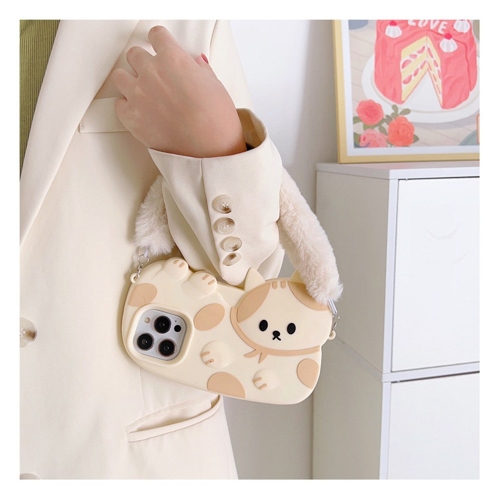 Funda para iPhone de gato con correa de peluche