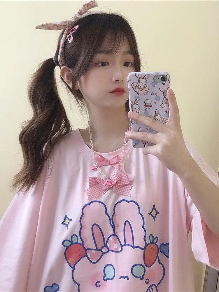 Camiseta de Harajuku de Conejito Fresa Rosa