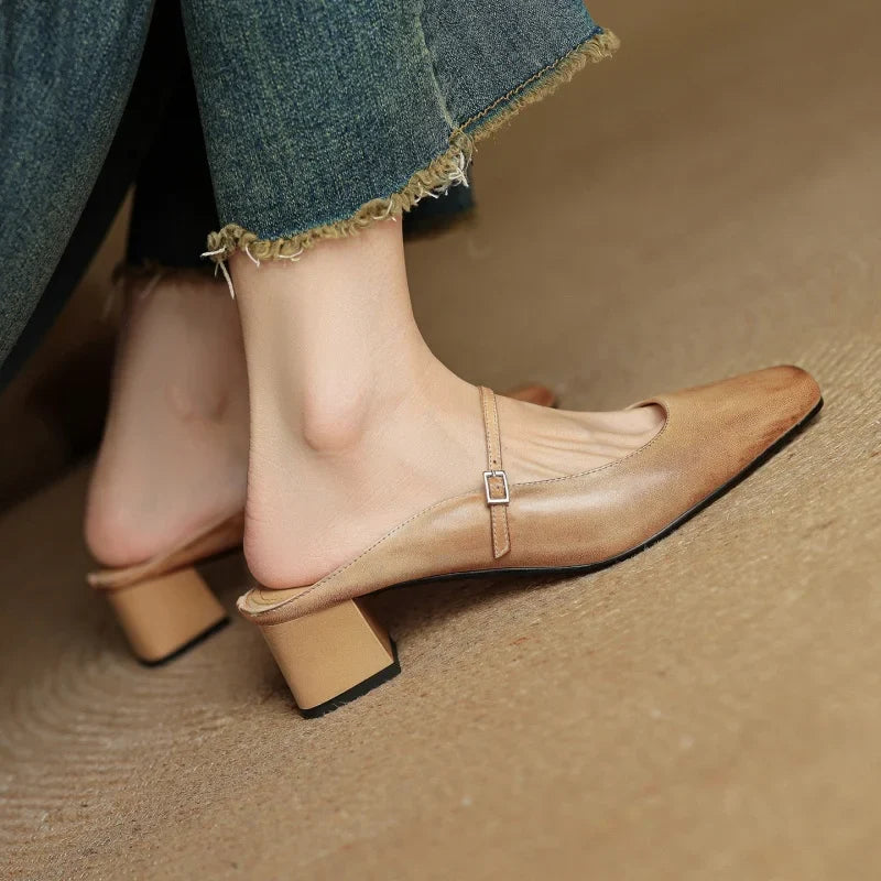 2026 New Summer Women Mules Genuine Leather Women Shoes Squared Toe med Heel Cover Toe Slingback Shallow Modern Slippers
