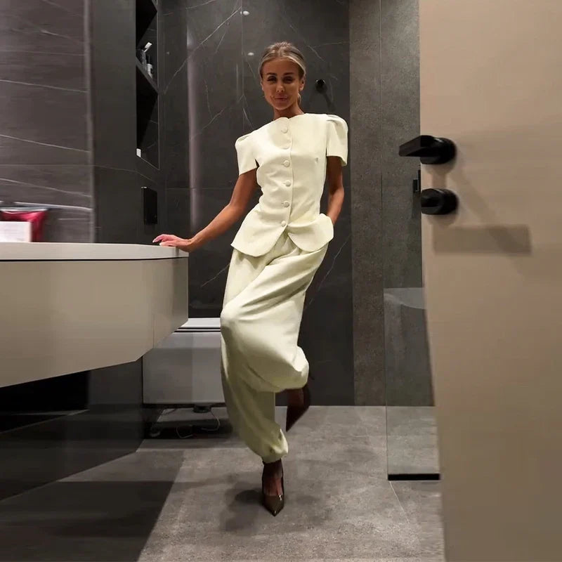Casual Women's Waist Cinched Blazer Pants Set O-neck Puff Sleeve Shirts Loose Lantern Pant 2026 Summer Lady Chic Commute Suit