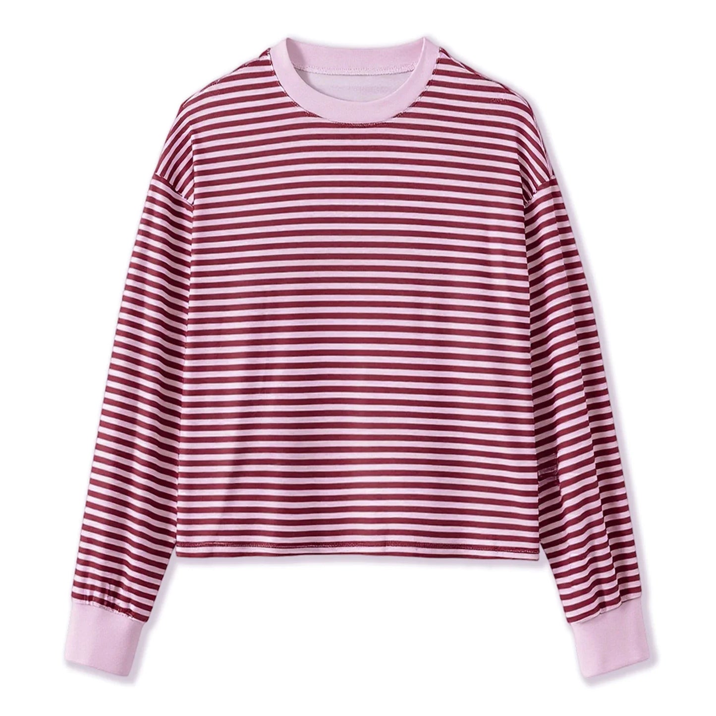 Spring Autumn Casual Loose Tops for Women Long Sleeve Round Neck Loose Fit Striped Print T-shirts