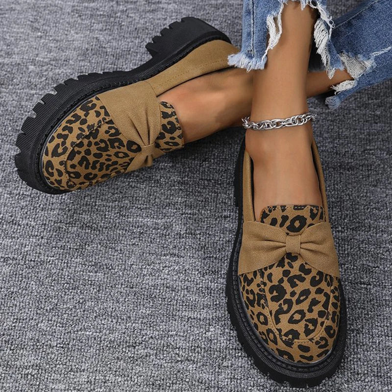 Leopard Faux Suede Loafers Shoes for Women Plus Size Platform Shoes Woman Bowknot Decoration Slip On Casual Shoes Mujer