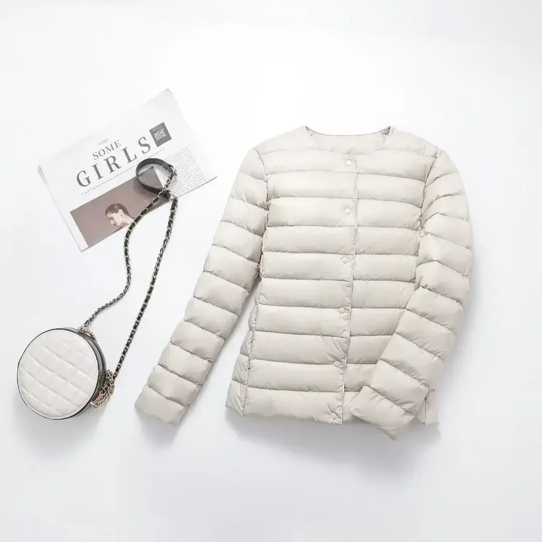 New Female Light Down Coat Women Liner Duck Down Jacket O-neck Variable V-neck 2024 Fall Collarless Light Quilted Puffer Coat