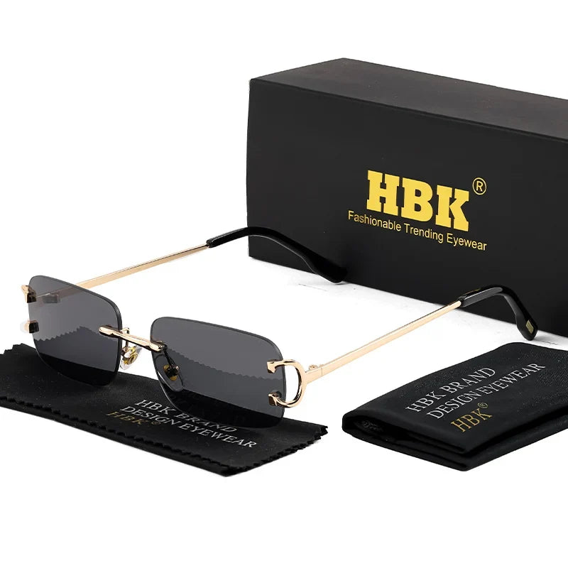 HBK Retro Rimless Small Sunglasses Women Metal Rectangle Gold Frame Brand Design Men Eyewear Driving Travel Beach Eyewear UV400