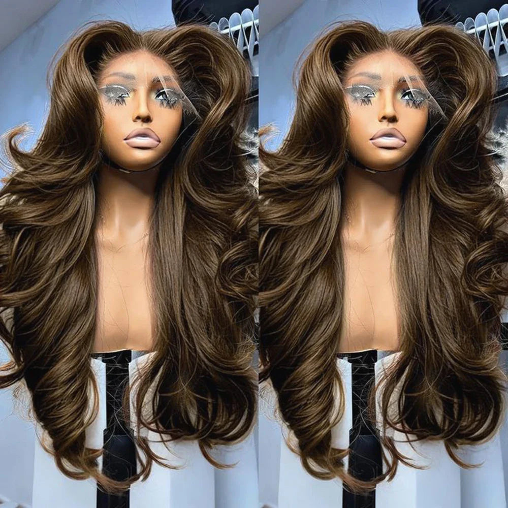 Pelucas delanteras de encaje sintético 13X4 sin pegamento para mujer, peluca de ondas corporales marrón chocolate 13X6, peluca frontal de encaje precortada, densidad 200%.