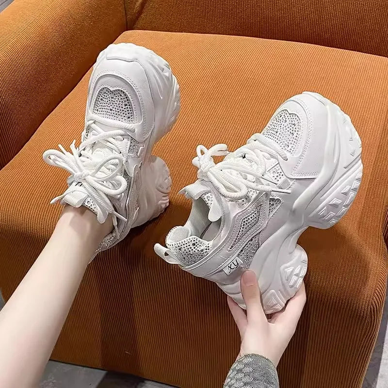 Platform Bling Sequine Sneaker Boots 9cm Height Increasing Lace Up Autumn Winter Women Shoes Thick Botton Sole Boots