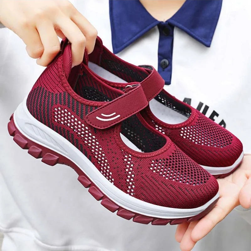Summer Ladies Breathable Mesh Sport Shoes Lightweight Velcro Slip On Thick Sole Non Slip Elderly Women Walking Casual Sneakers