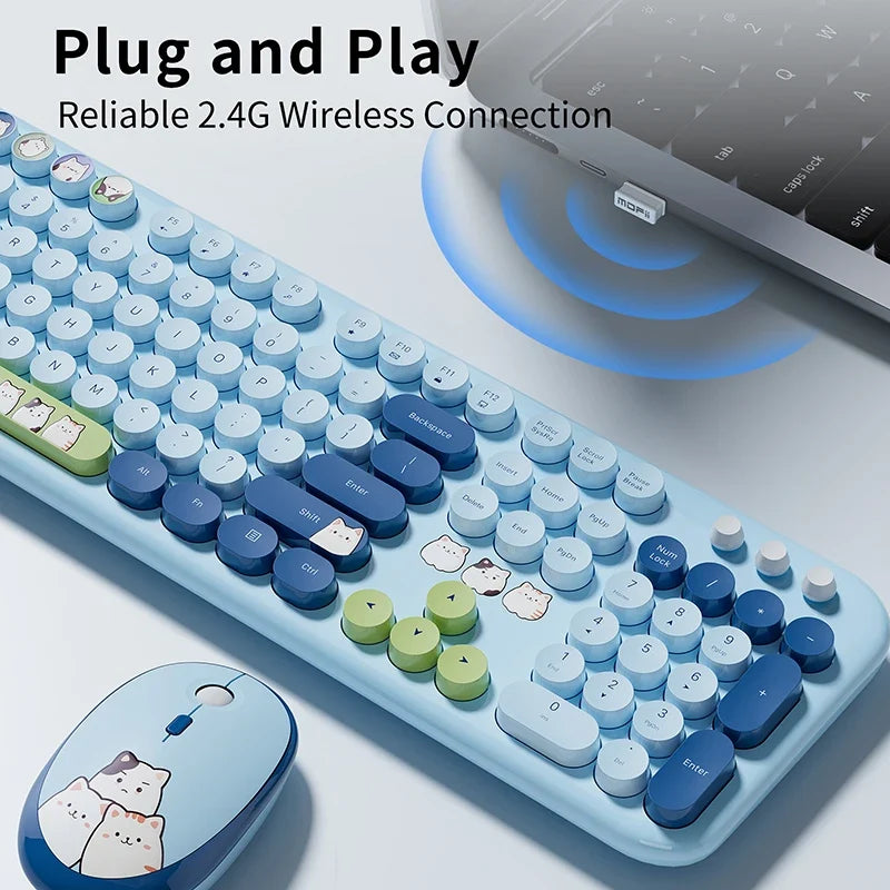 Full Size Wireless Keyboard Mouse Combo 104 Keys Retro Cute Cat Design Plug and Play Keyboard Mouse Set for Windows 7/8/10/XP