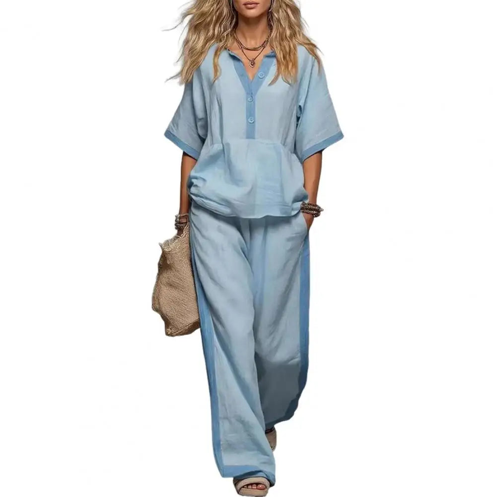 Women Cotton Linen Set, Summer V-Neck Loose Fit & Elastic Waist Palazzo Pants 2-Piece Outfit, Casual Top and Wide Leg Trousers