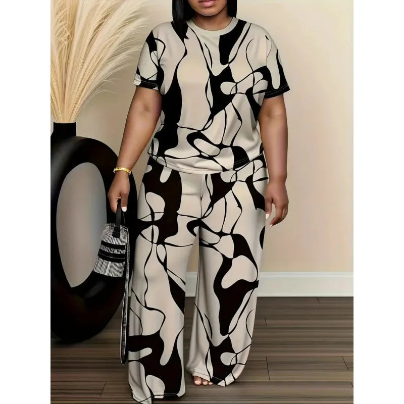 Conjuntos Femininos Summer Short-sleeved Fashion Print Suit Women's Round Neck Large Size T-shirt Wide-leg Trousers 2 Piece Suit