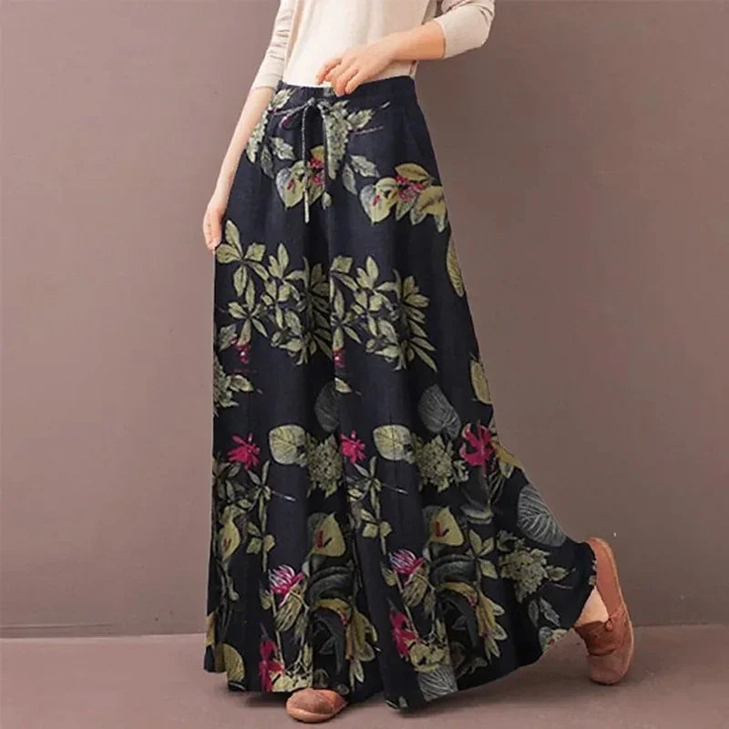 Floral Print Wide Leg Women Pants Spring Drawstring Bohemia Trousers Lady Casual Loose Elastic Waist Pantalonsw Plus Size