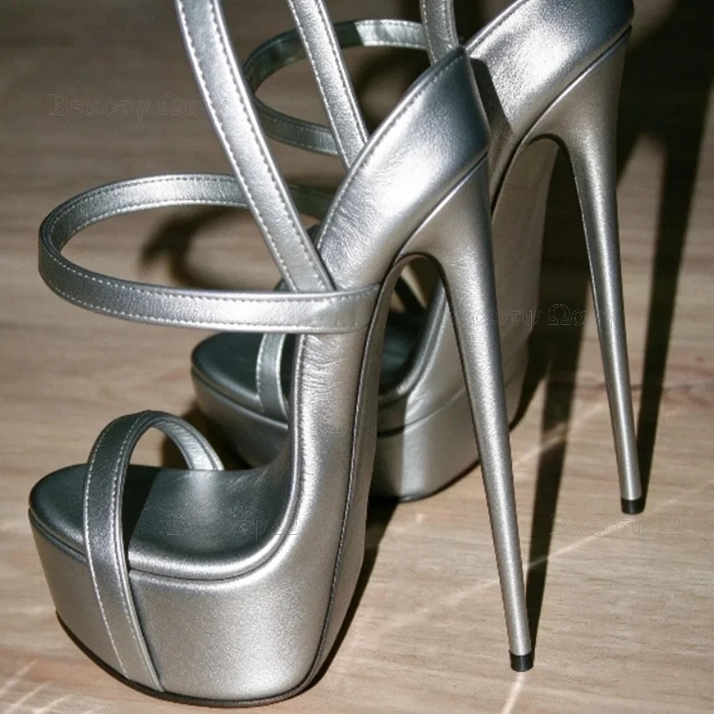 Gold Solid Platform Round Toe Shoes Cut Heel Sandals Women Shoes Ankle Band Spike High Heel Shoes for Girls Zapatos Para Hombres
