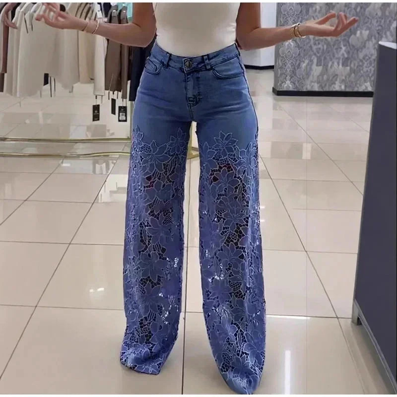 High Waist Wide Leg Jeans Pants Summer Fashionable Lace Splicing Hollow Out Denim Draping Jeans Ladies Cotton Zipper Spring
