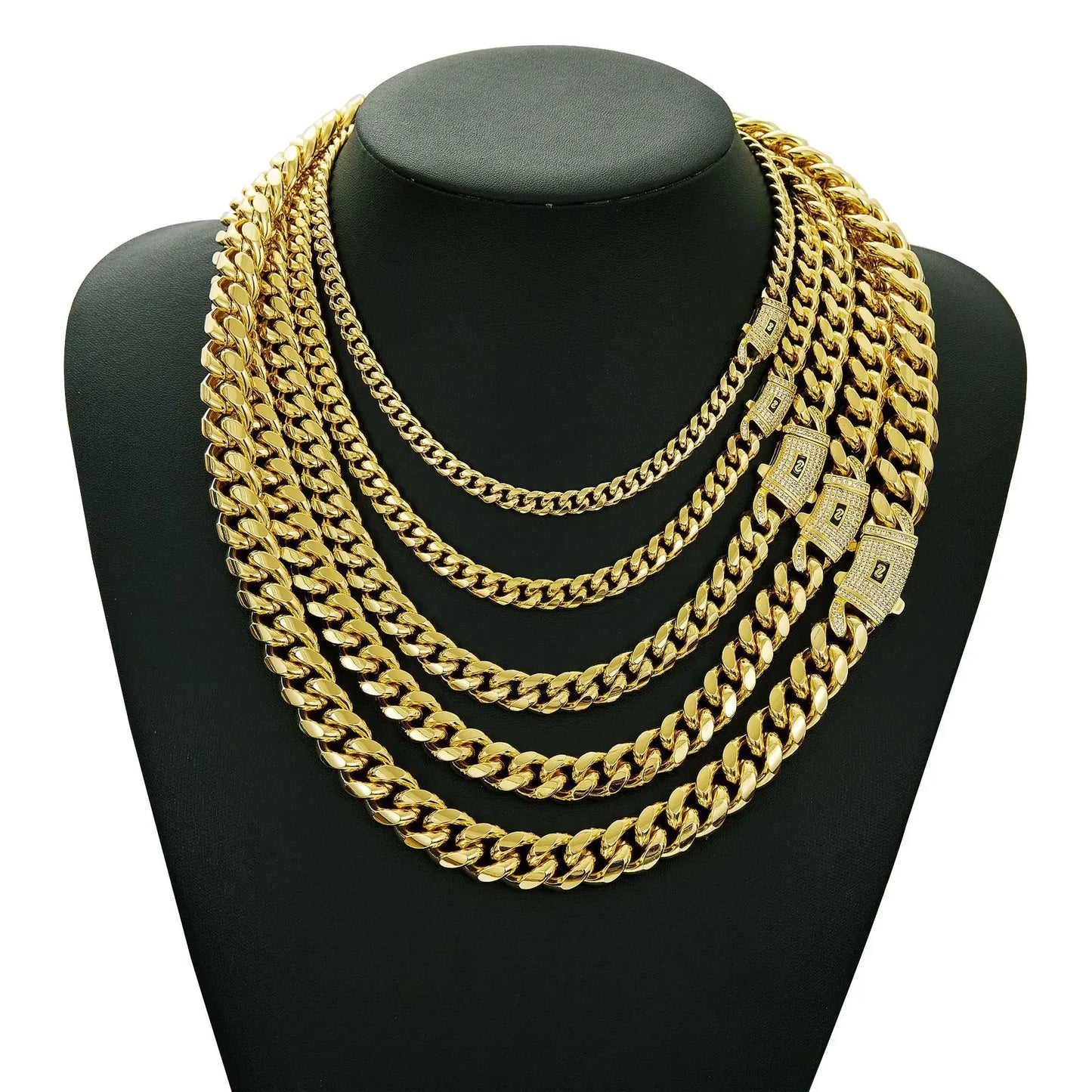 6-14mm Bling Gold Color Stainless Steel Cuban Miami Chains Necklaces