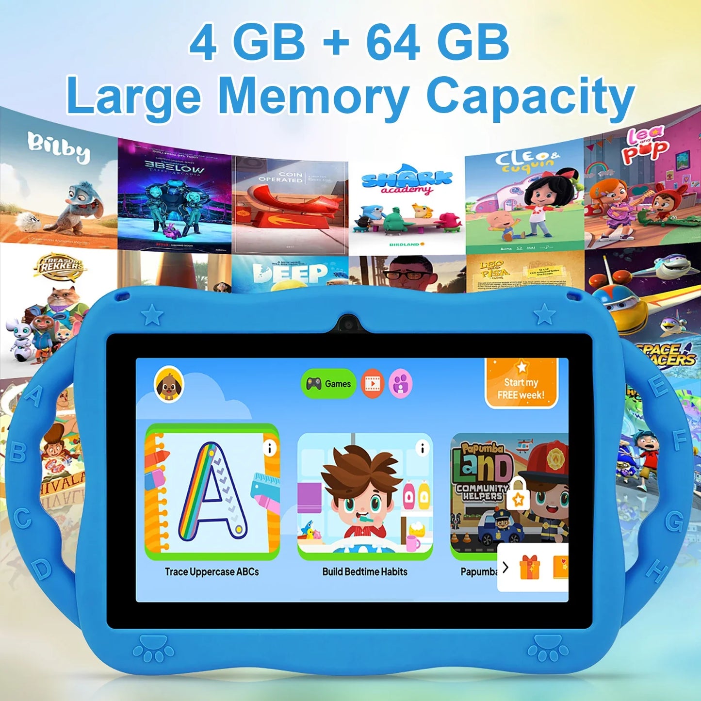 Tablet for Kids 7 Inch Android 14 4GB RAM 64GB ROM WiFi Bluetooth Dual Camera Educational Software Installed with Proof Case