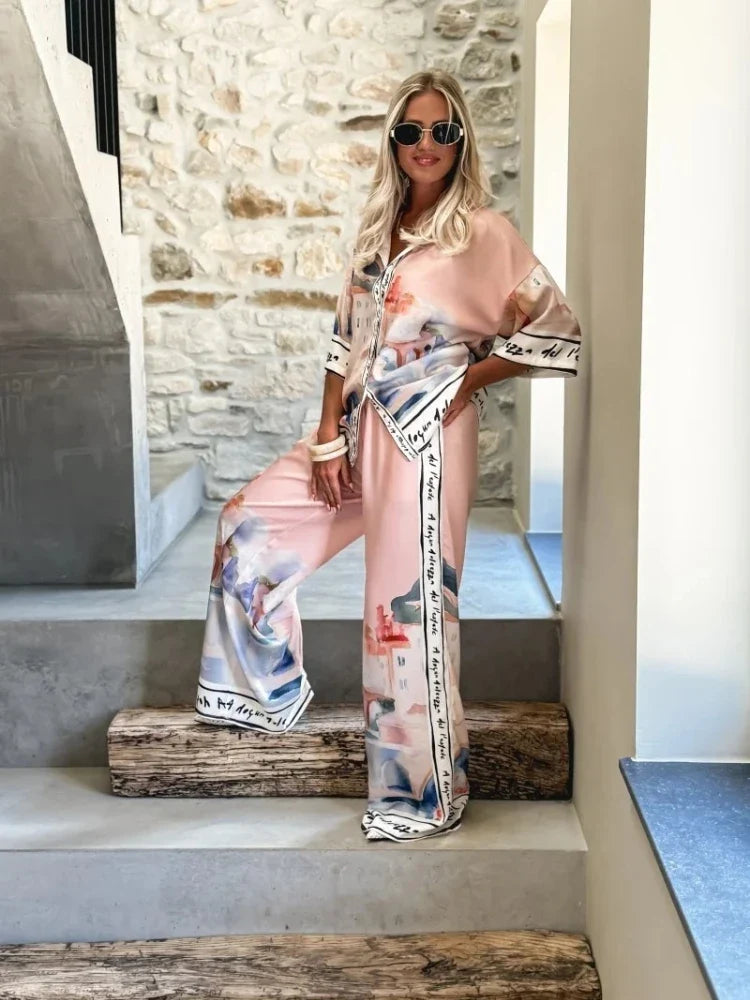 Women's Summer 2-Piece Set Elegant Printed Top & Casual Loose Wide Leg Pants Ensemble with Half Sleeve Fashionable