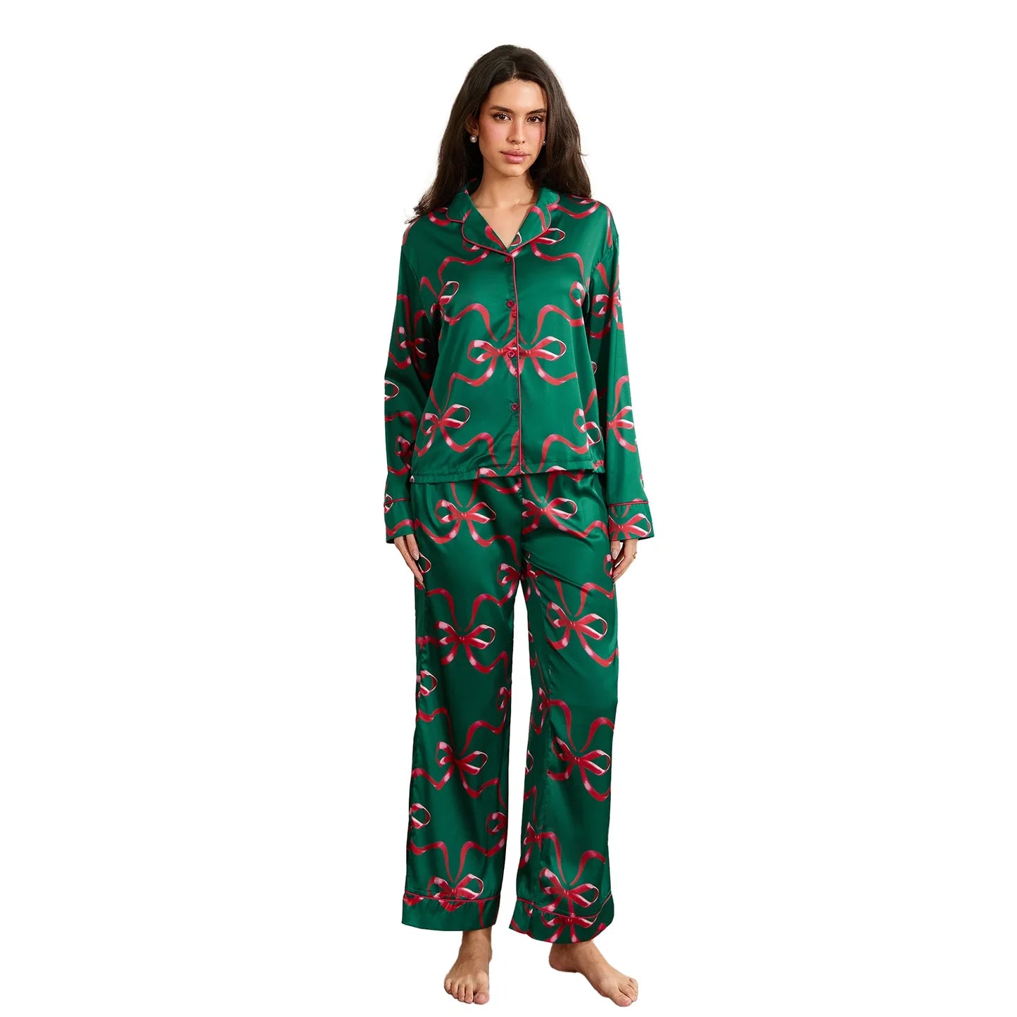 Women Christmas Pajamas Set Bow/Santa/Tree Print Long Sleeve Shirts Tops and Pants Sleepwear 2 Pieces Loungewear Suits