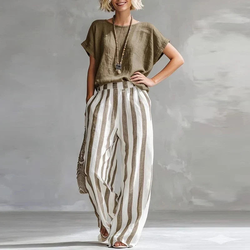 Vintage Women Two Piece Set O Neck Loose Short Sleeve Women T-Shirts Striped Printed Pants Suit Women Summer Casual Outfits