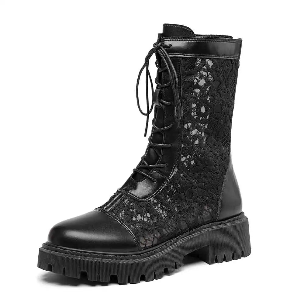 2026 New Big Size 45 Chic Black Lace Mesh Summer Boots Women Round Toe Square Heels Shoelace Zip-up Mid-calf Boots Shoes