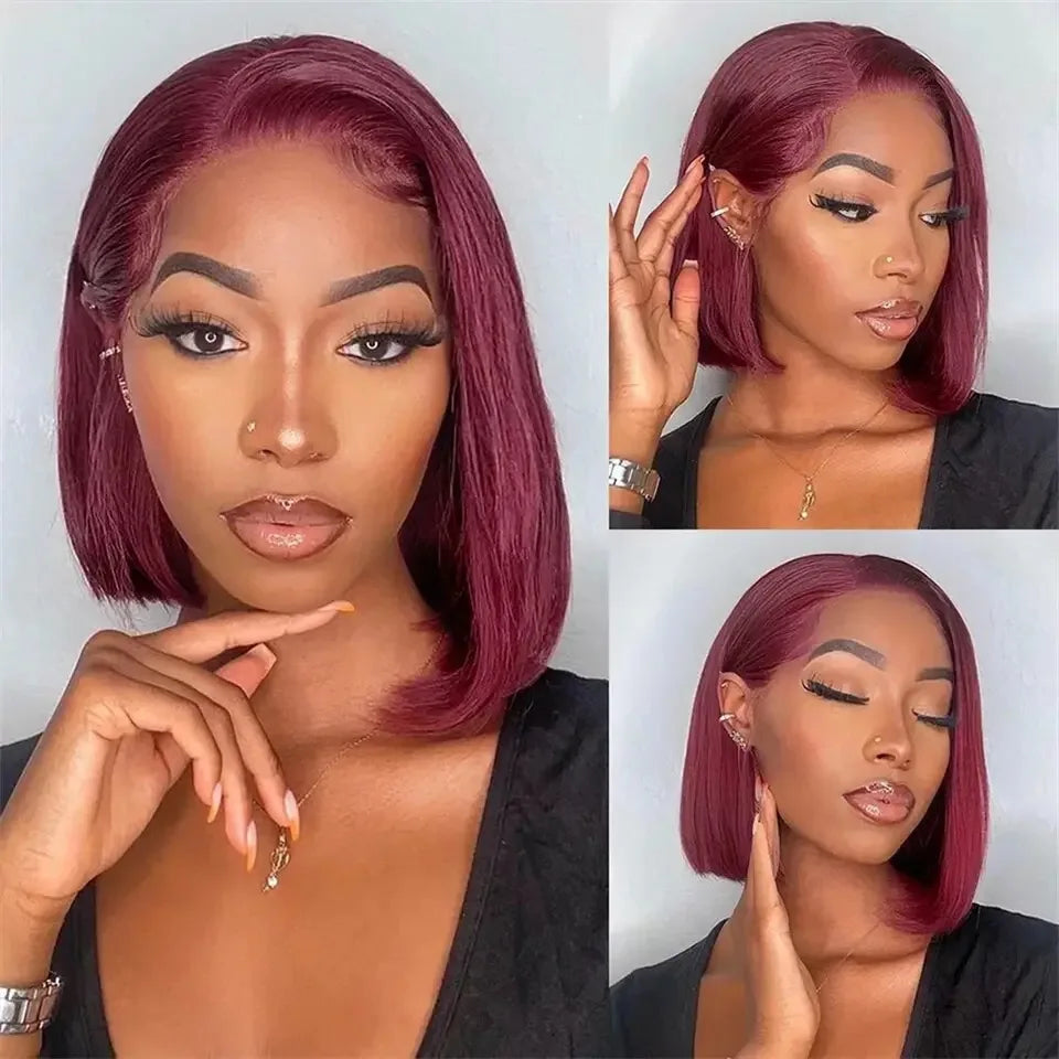 Peluca de encaje frontal sintética 13X4 HD con flequillo corto y liso, color rojo burdeos 99J, para mujeres negras, pre-arrancada con pelo de bebé, sin pegamento