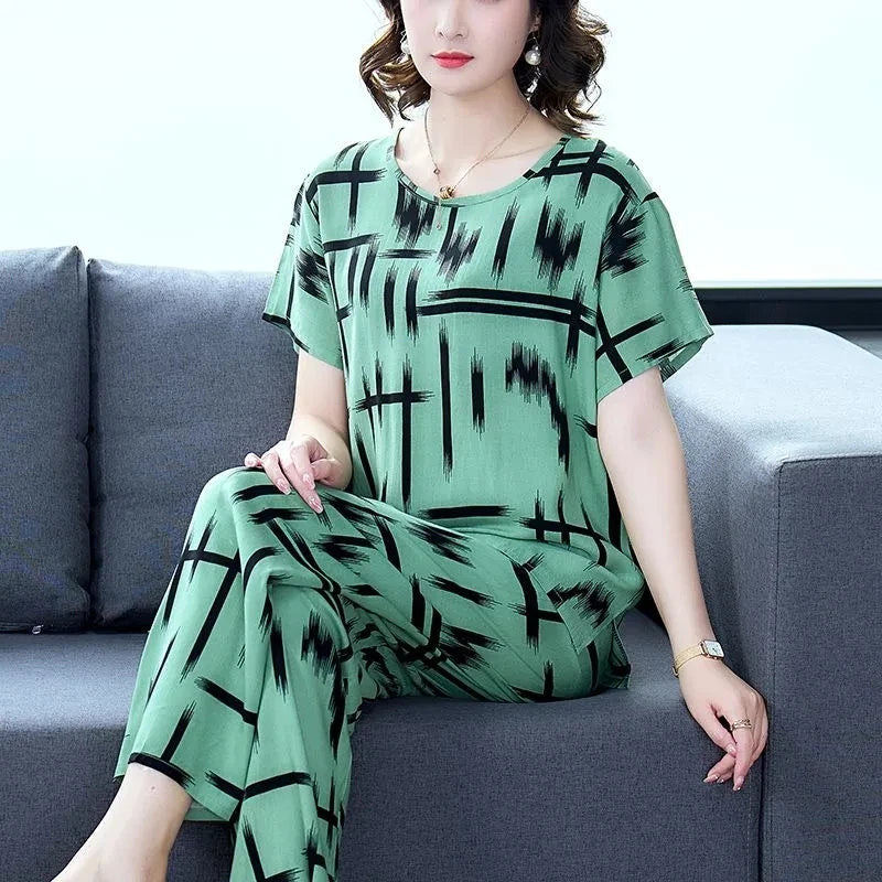 Women Summer Sets NEW Middle Aged Elderly Mother Cotton Silk Suit Casual Print Short Sleeve Top + Pants 2 Piece Set Femme Outfit